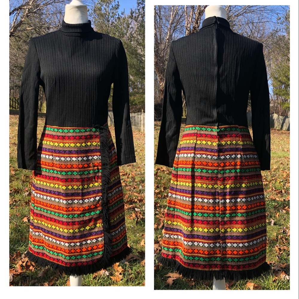 Vintage 70s Multicolored Woven Serape Fringe Rainbow Turtleneck Midi Dress S
